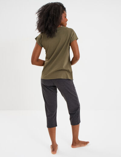 Ensemble pyjama corsaire t-shirt coton vert kaki femme