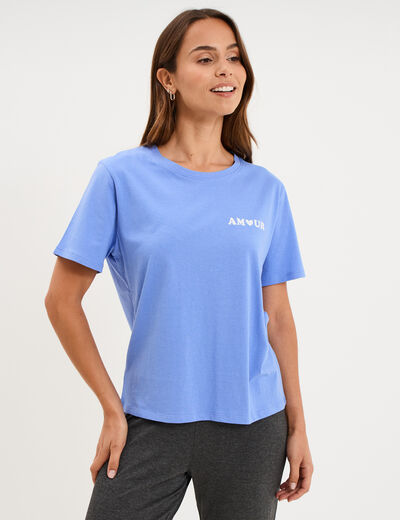 T-shirt col rond manches courtes coton bleu lavande femme