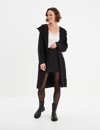 Gilet long à capuche manches longues noir femme