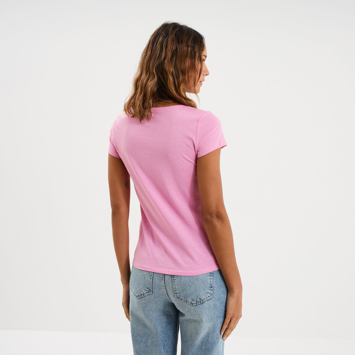 T-shirt coton col rond manches courtes rose femme