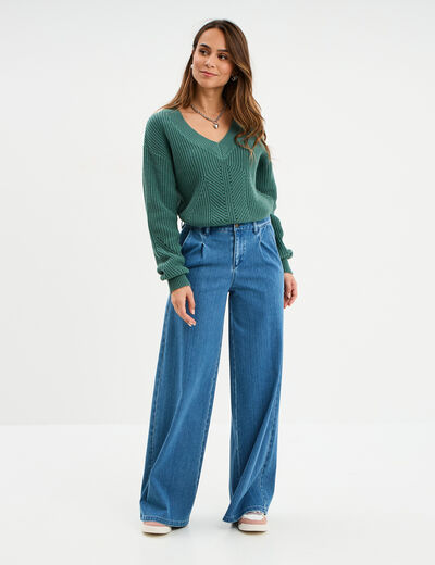 Pull col en V détails ajourés vert foncé femme