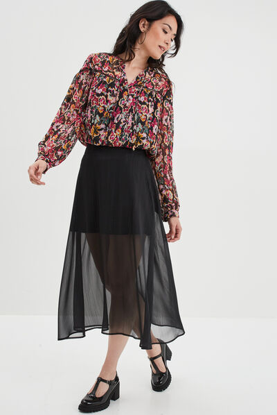 Blouse crêpe col cordons à nouer noir femme