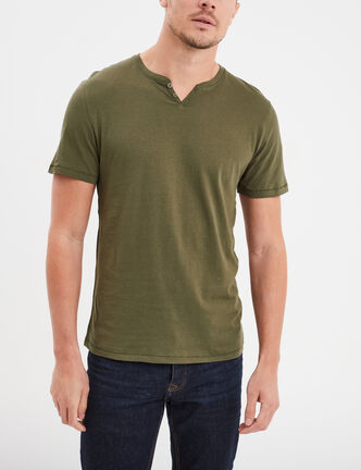 T-shirt manches courtes col tunisien vert kaki homme