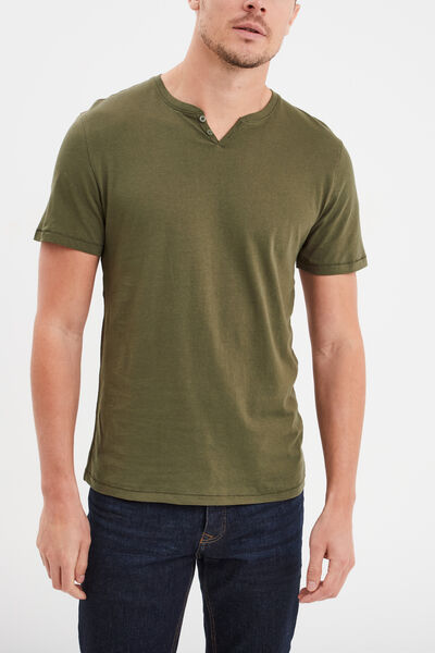 T-shirt manches courtes col tunisien vert kaki homme