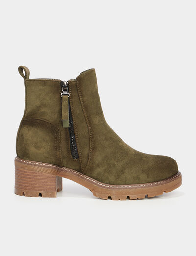 Bottines &agrave; talons effet daim zipp&eacute;es vert kaki femme