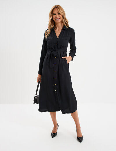 Robe chemise longue ceintur&eacute;e noir femme