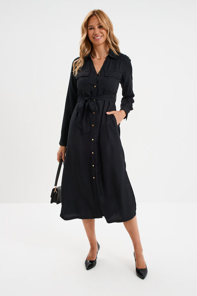 Robe chemise longue ceintur&eacute;e noir femme