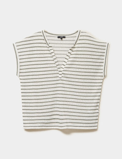 T-shirt col tunisien manches courtes ecru femme