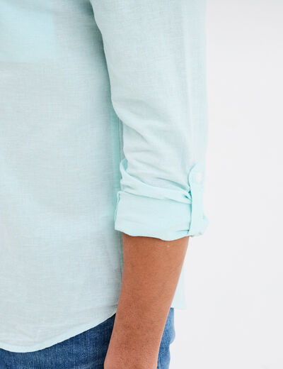 Chemise col mao lin m&eacute;lang&eacute; bleu turquoise homme
