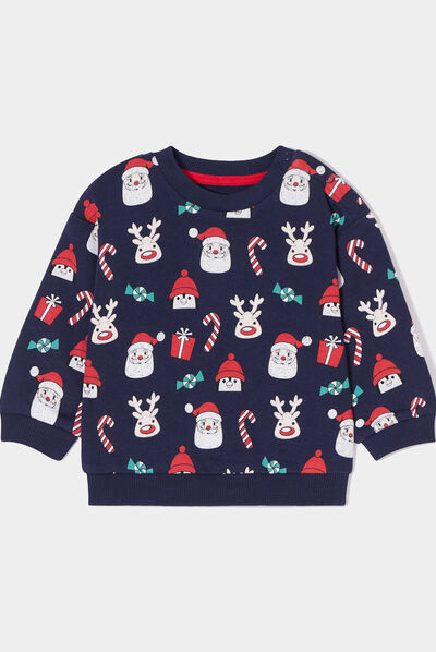 Sweat de Noël épaule boutonnée col rond bleu marine bébé garçon