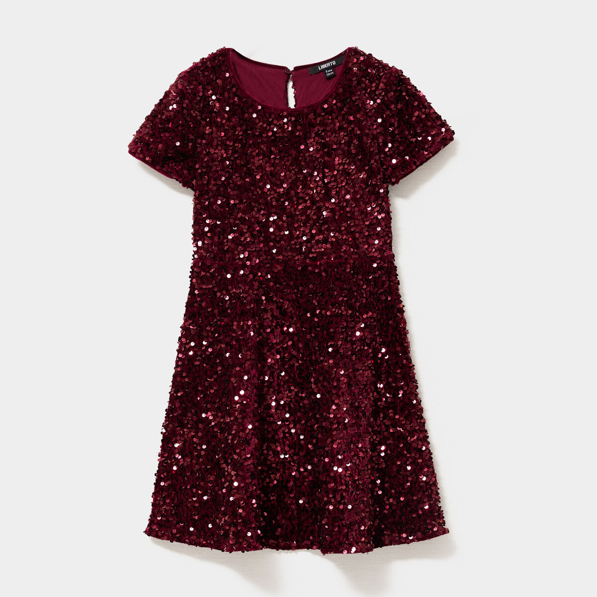 Robe trap&egrave;ze &agrave; sequins manches courtes bordeaux fille
