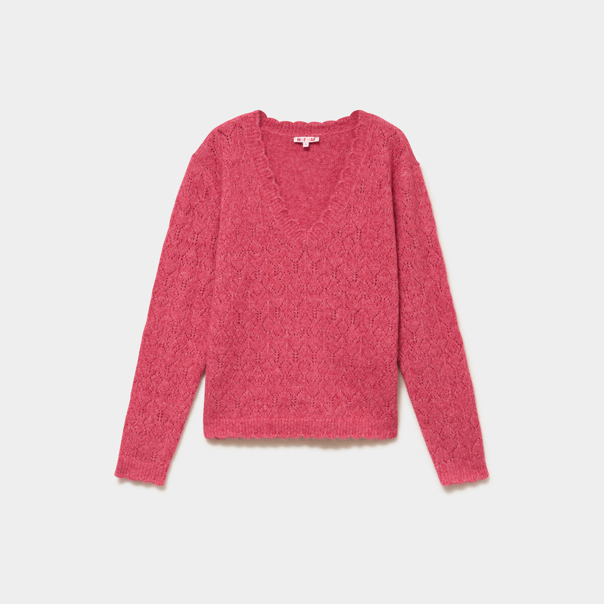 Pull col V ajour&eacute; manches longues rose cerise femme