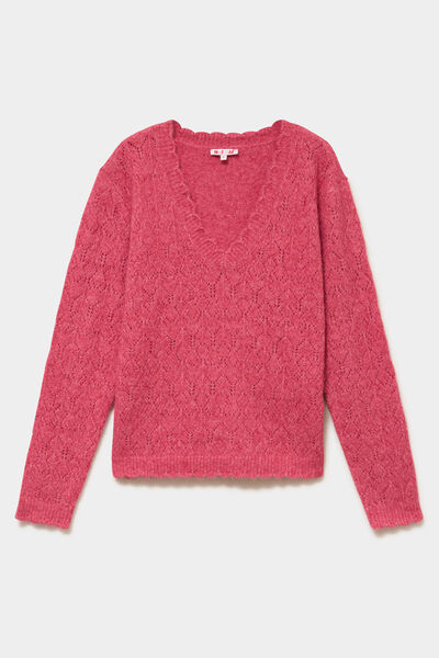Pull col V ajour&eacute; manches longues rose cerise femme