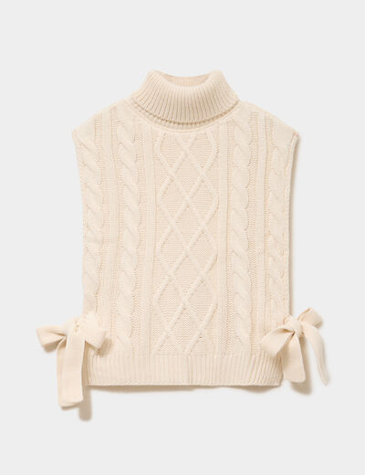 Pull poncho col roul&eacute; sans manches sable femme
