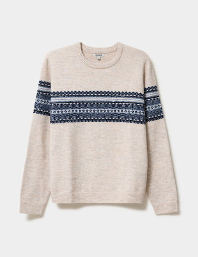 Pull jacquard col rond manches longues beige homme