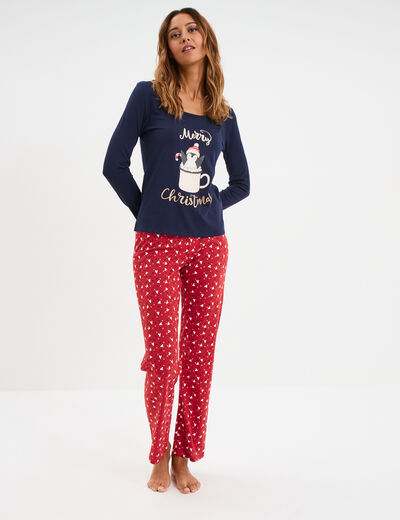 Ensemble pyjama pantalon t-shirt No&euml;l bleu marine femme
