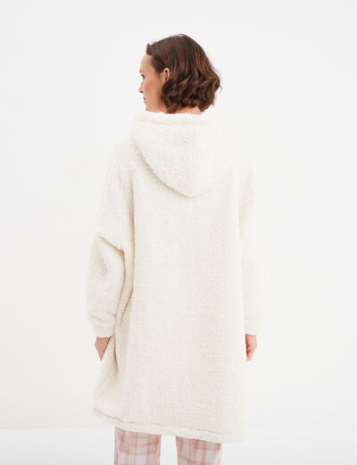Sweat long à capuche effet laine mouton ivoire femme