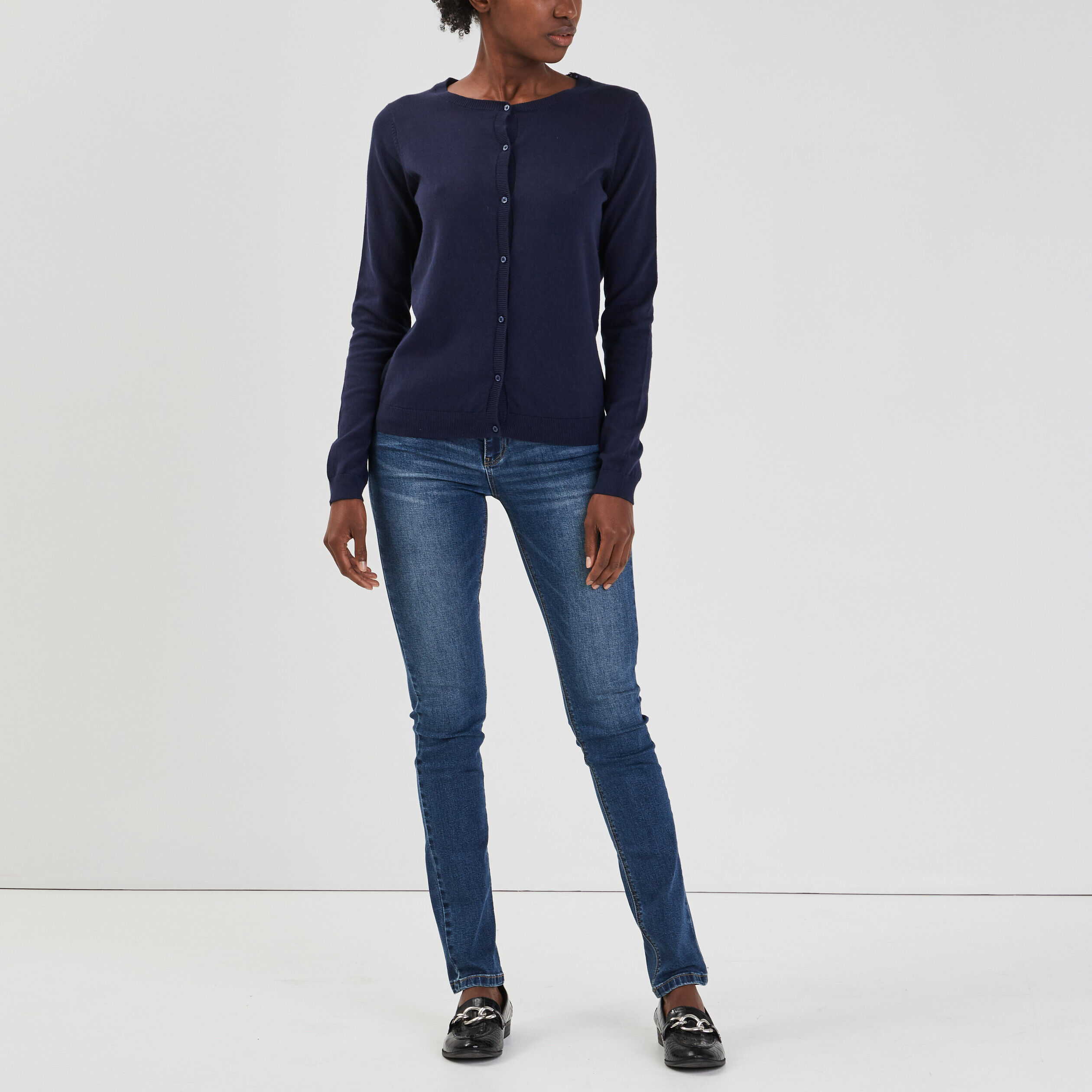 Gilet manches longues boutonné bleu marine femme LH