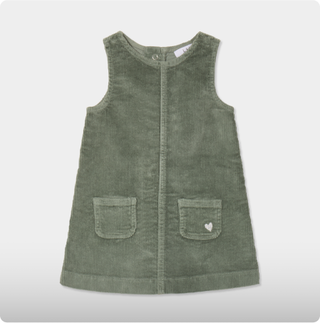 Robe chasuble effet velours côtelé coton vert kaki bébé fille, LH, 9,99€