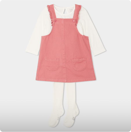 Ensemble 3 pièces avec robe salopette vieux rose bébé fille, LH, 19,99€