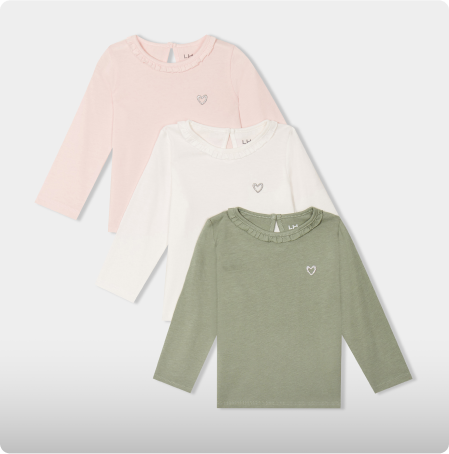 Lot 3 t-shirts col rond à volants coton rose clair bébé fille, LH, 7,99€