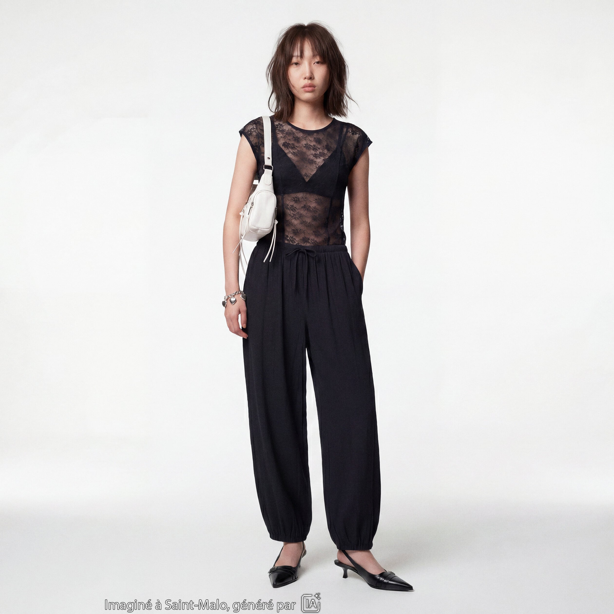 Pantalon large en cr&ecirc;pe taille standard noir
