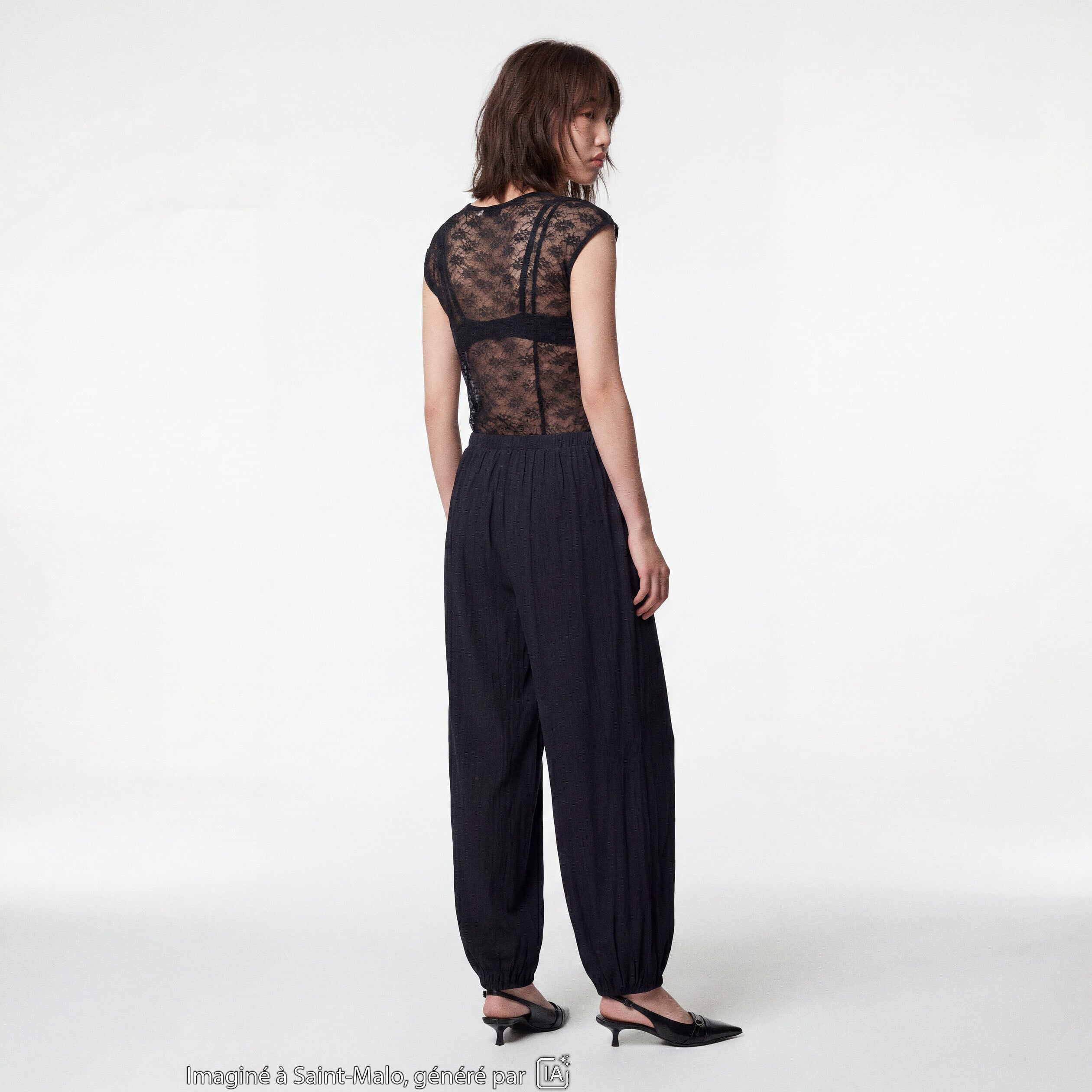 Pantalon large en cr&ecirc;pe taille standard noir