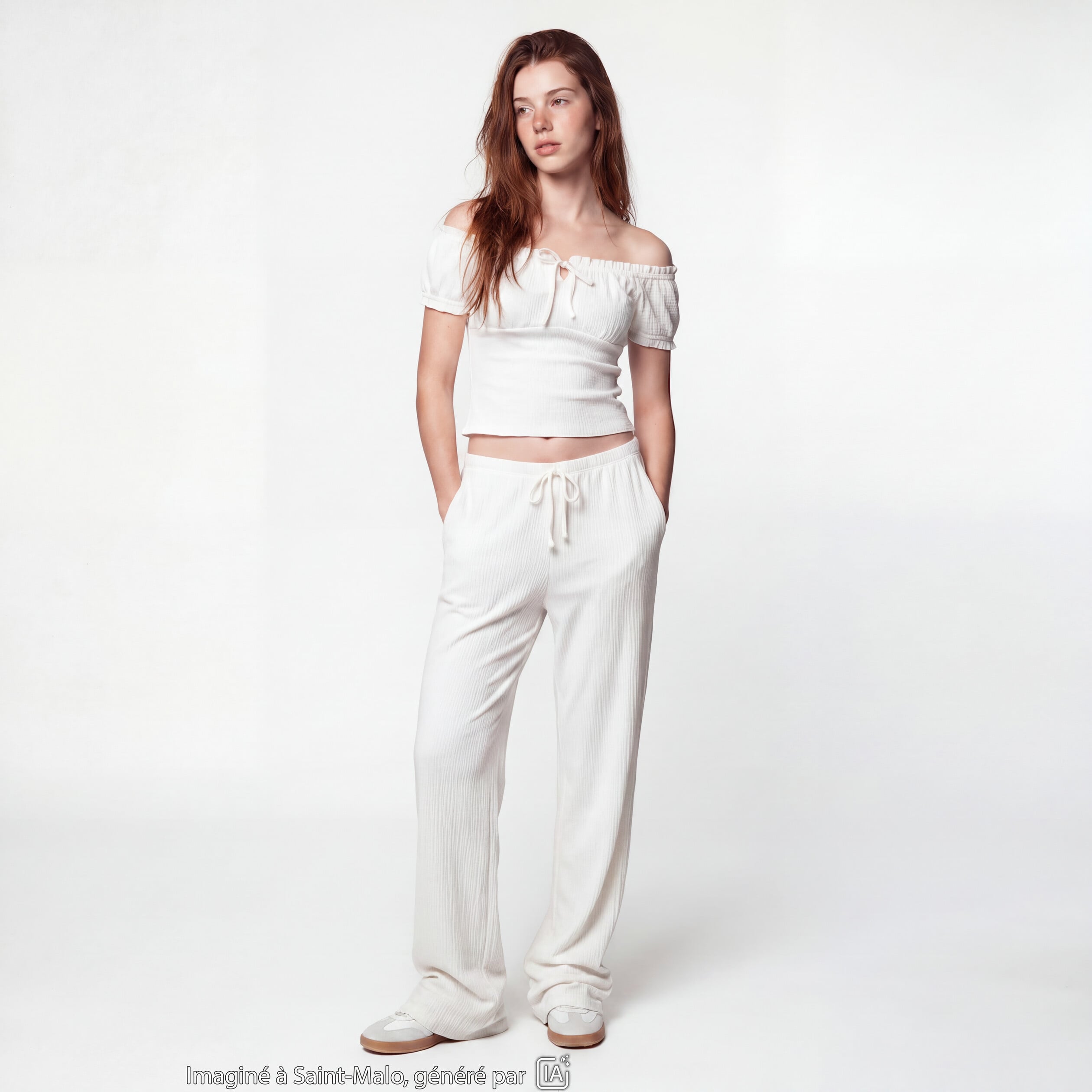 Pantalon large taille standard ecru