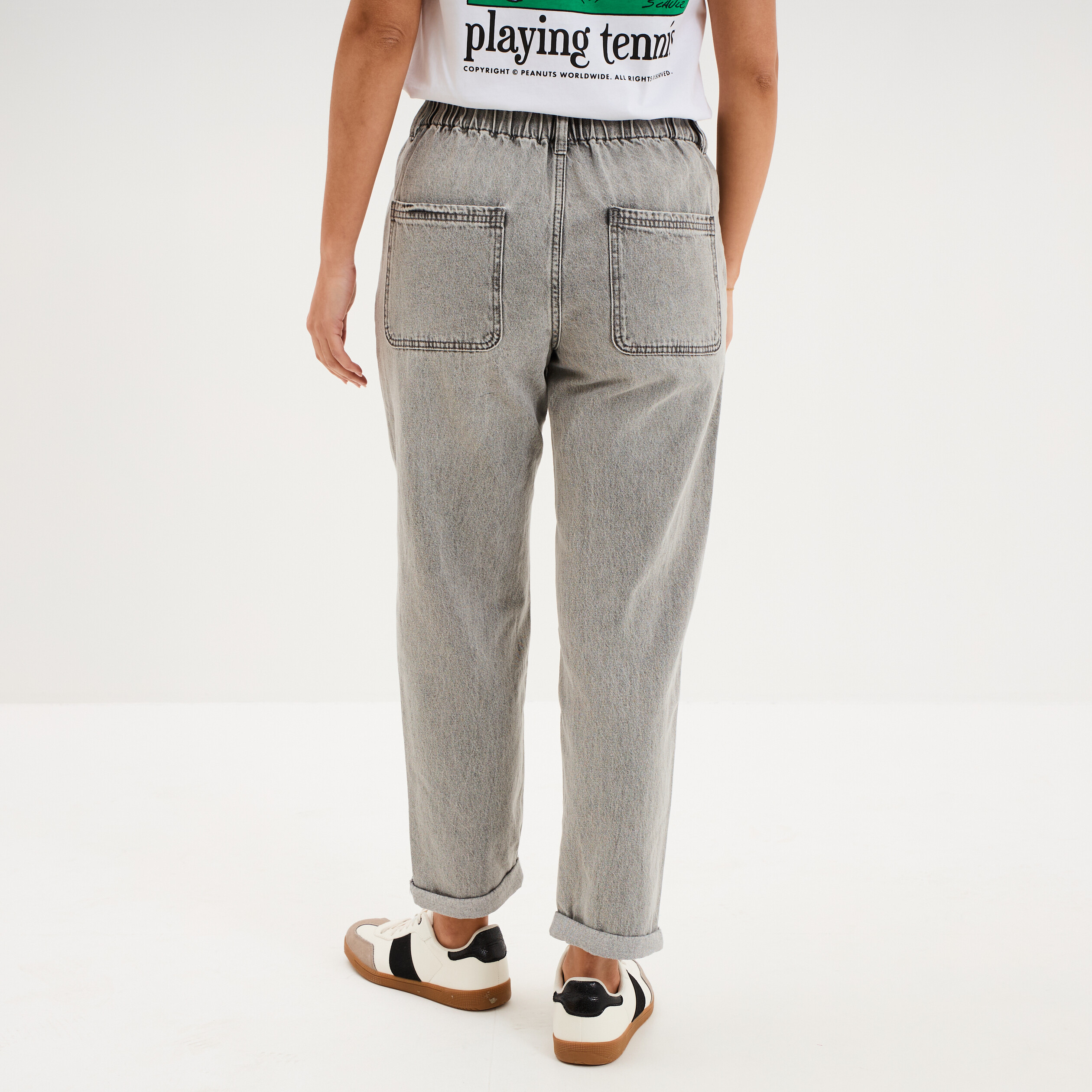 Jean paperbag cropped taille &eacute;lastiqu&eacute;e denim gris femme