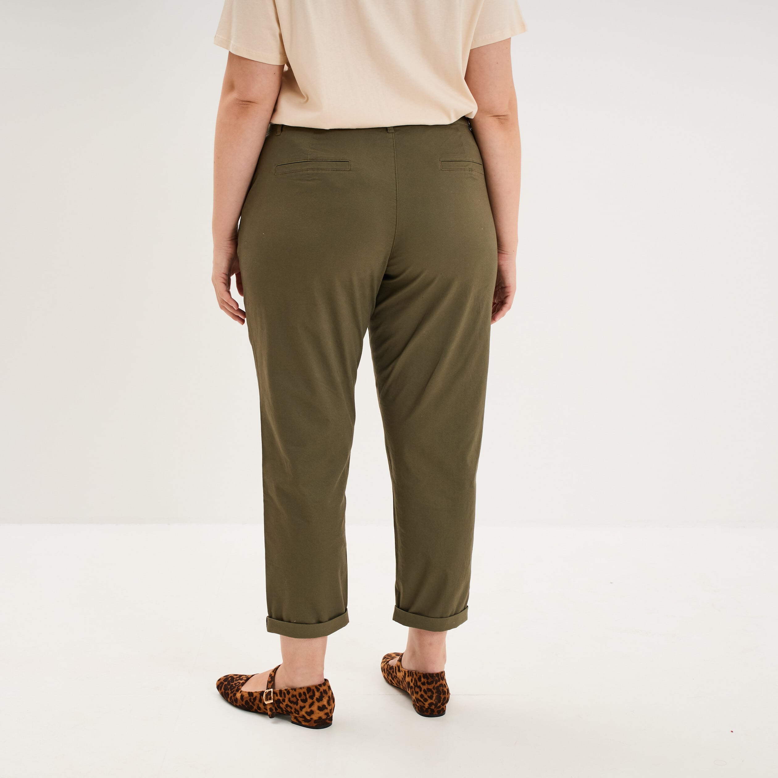 Pantalon chino taille haute coton vert kaki femme grande taille