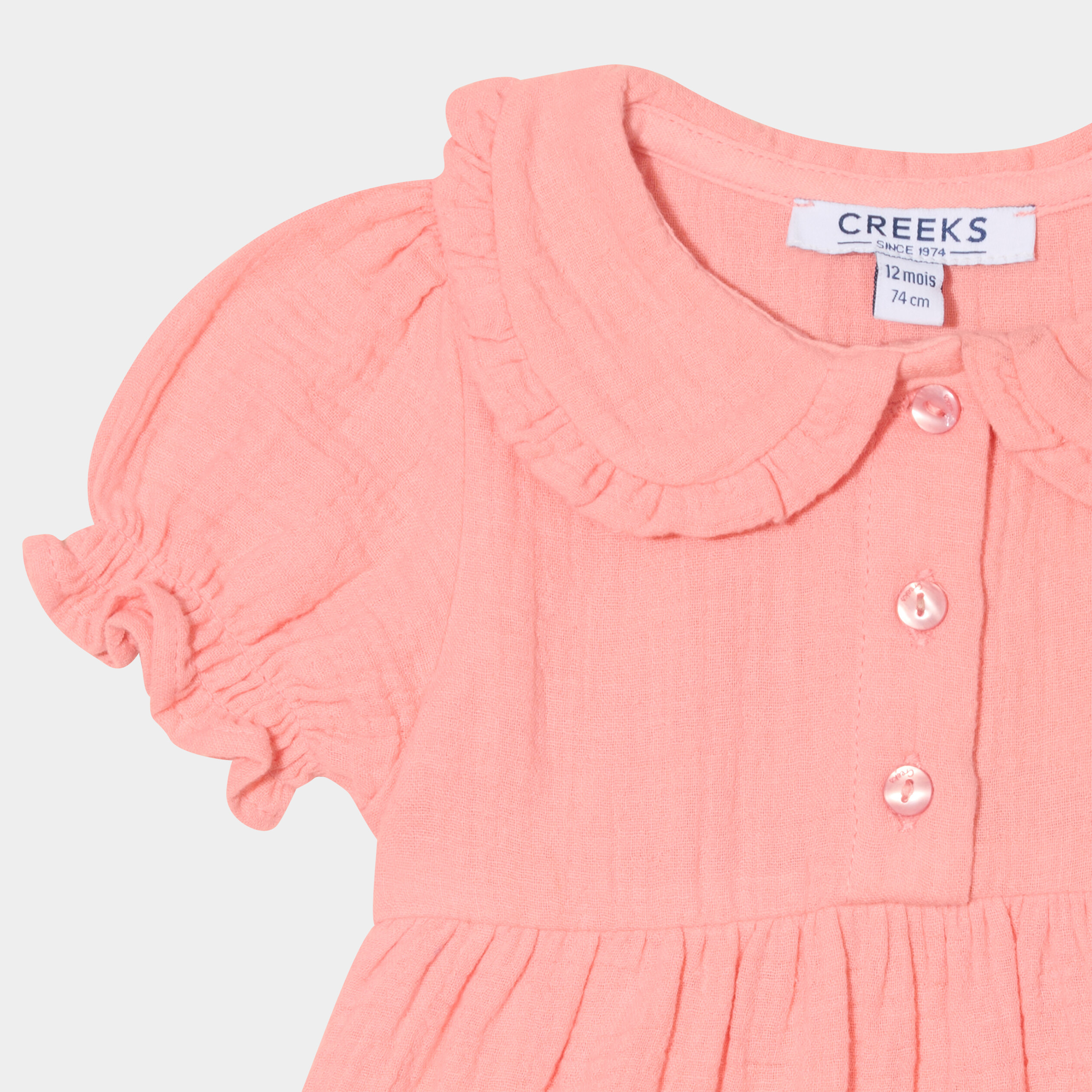 Robe col claudine gaze de coton rose corail bébé fille