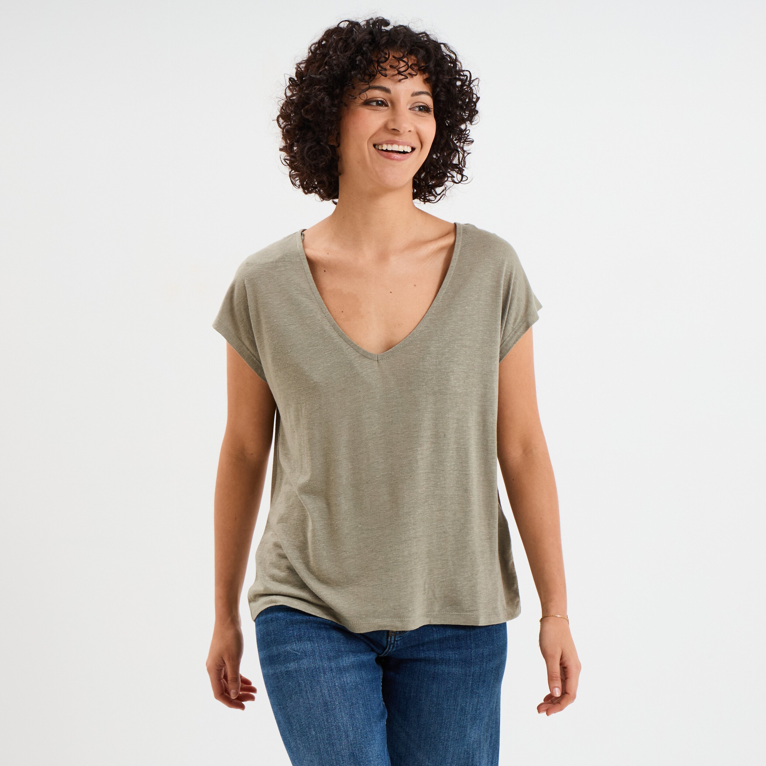 t shirt manches courtes lin melange vert kaki femme T-shirt manches courtes lin mélangé vert kaki femme