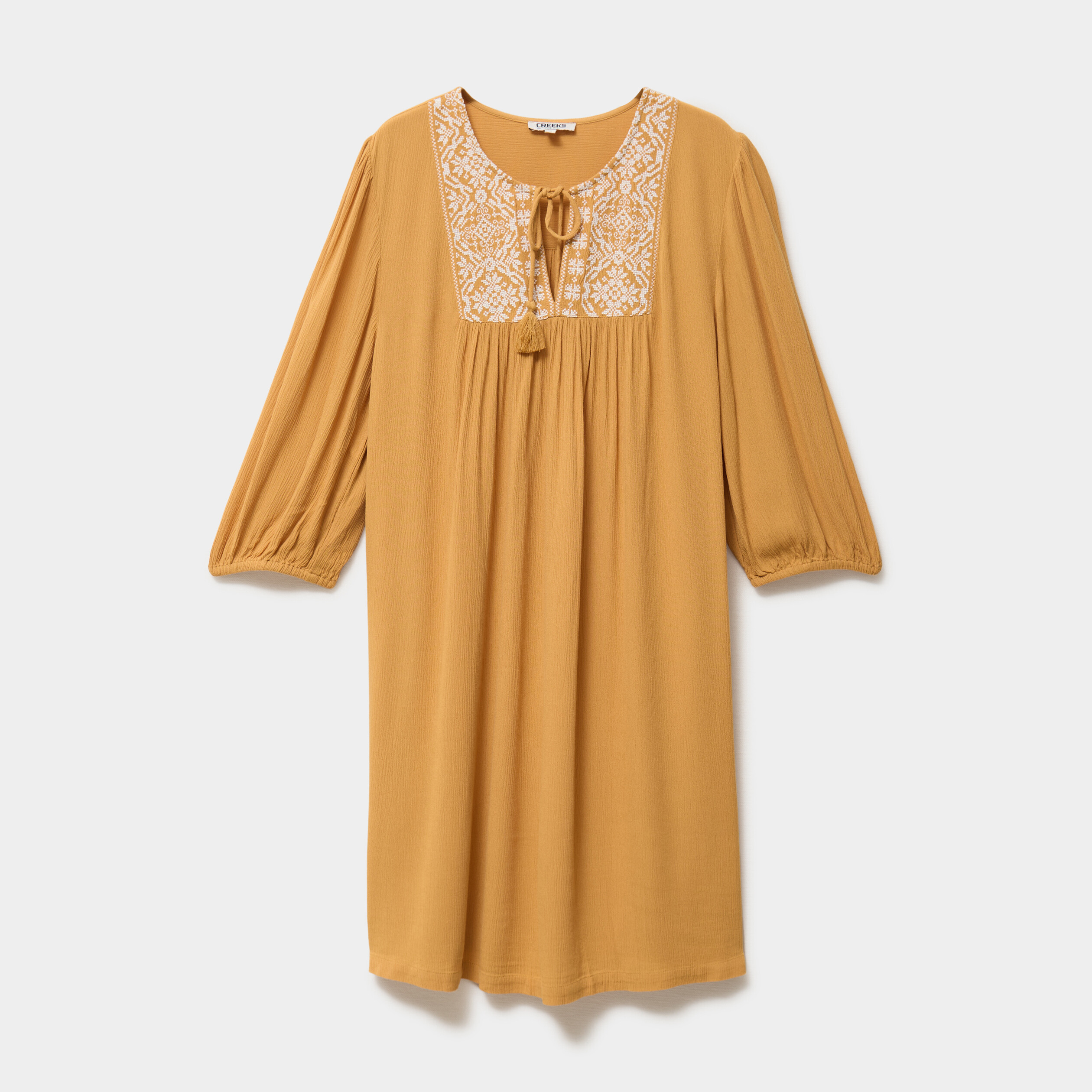 Robe fluide brod&eacute;e manches 3/4 jaune moutarde femme