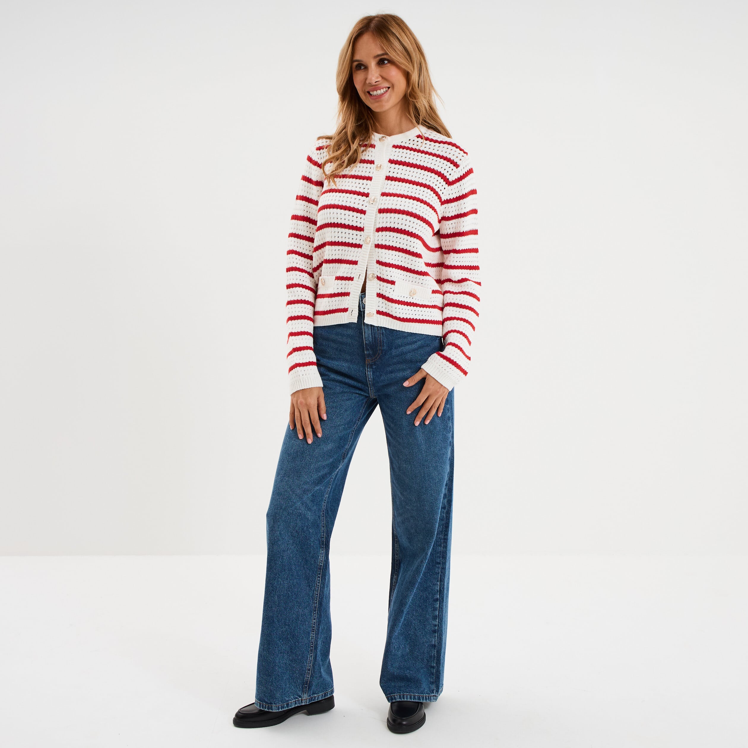 Gilet effet ajour&eacute; manches longues coton ecru femme