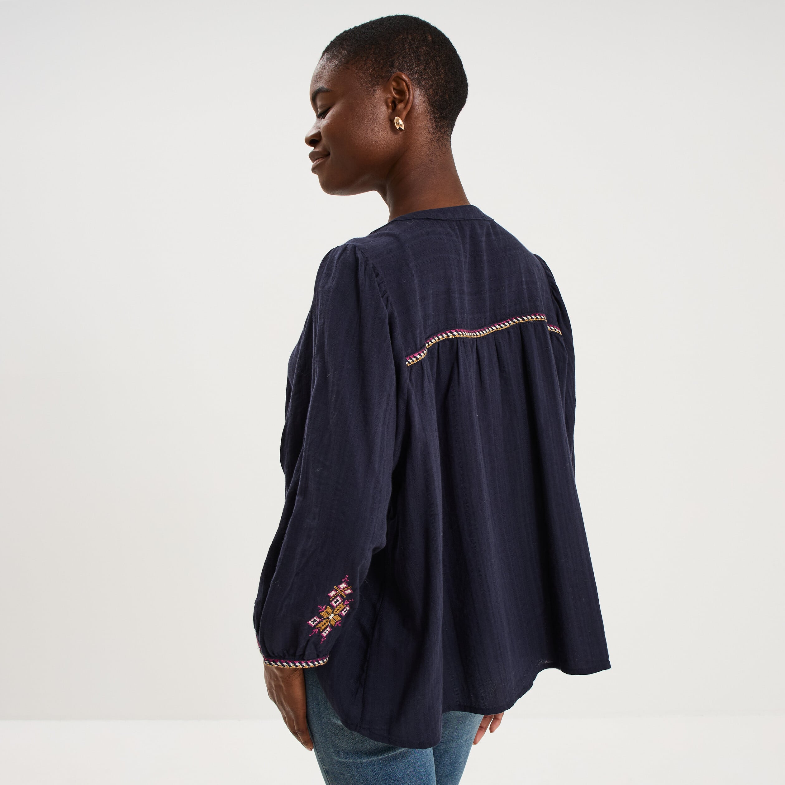 Blouse brod&eacute;e oversize manches 3/4 bleu fonc&eacute; femme