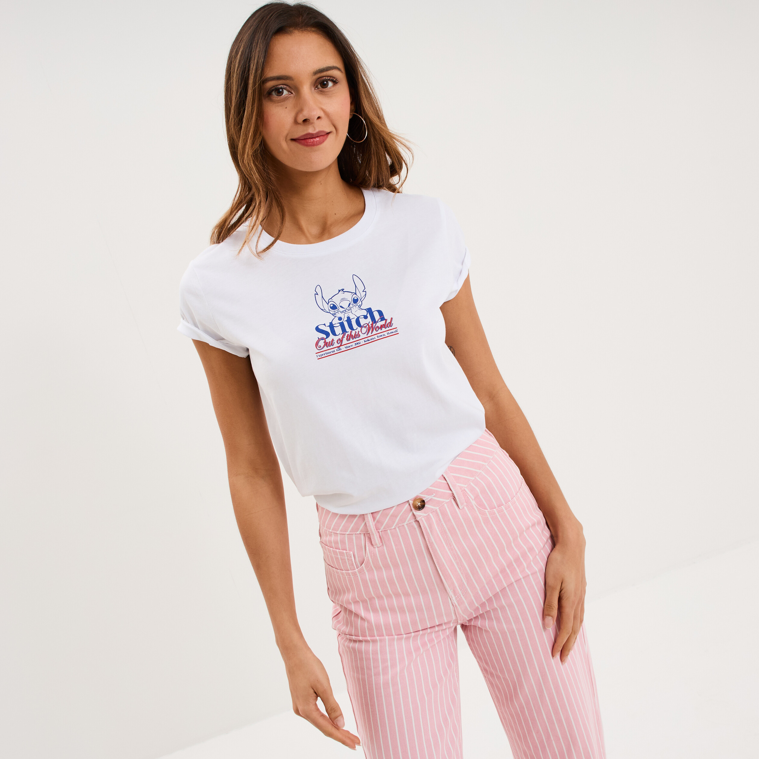 T-shirt manches courtes coton Stitch blanc femme