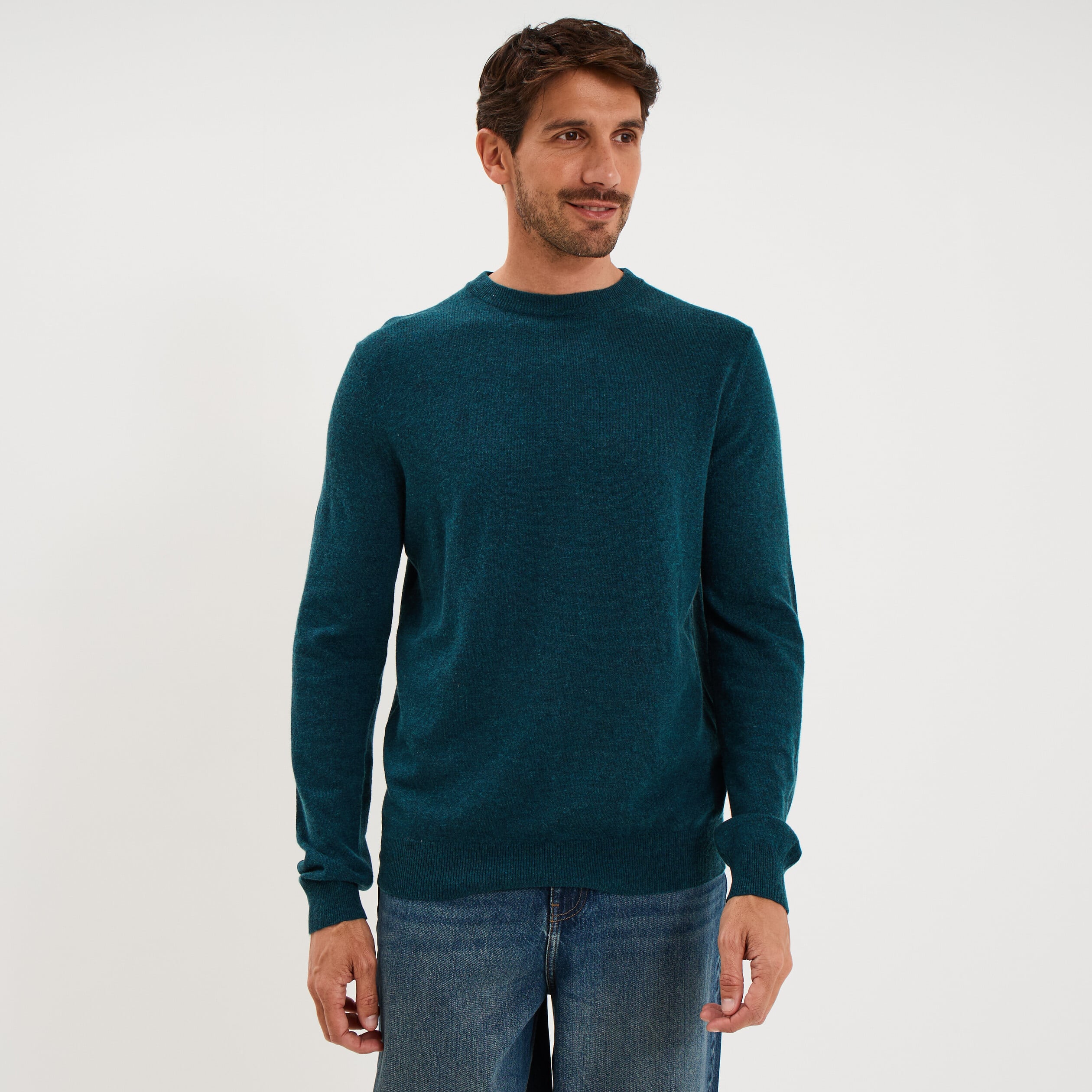Pull col rond manches longues bleu canard homme