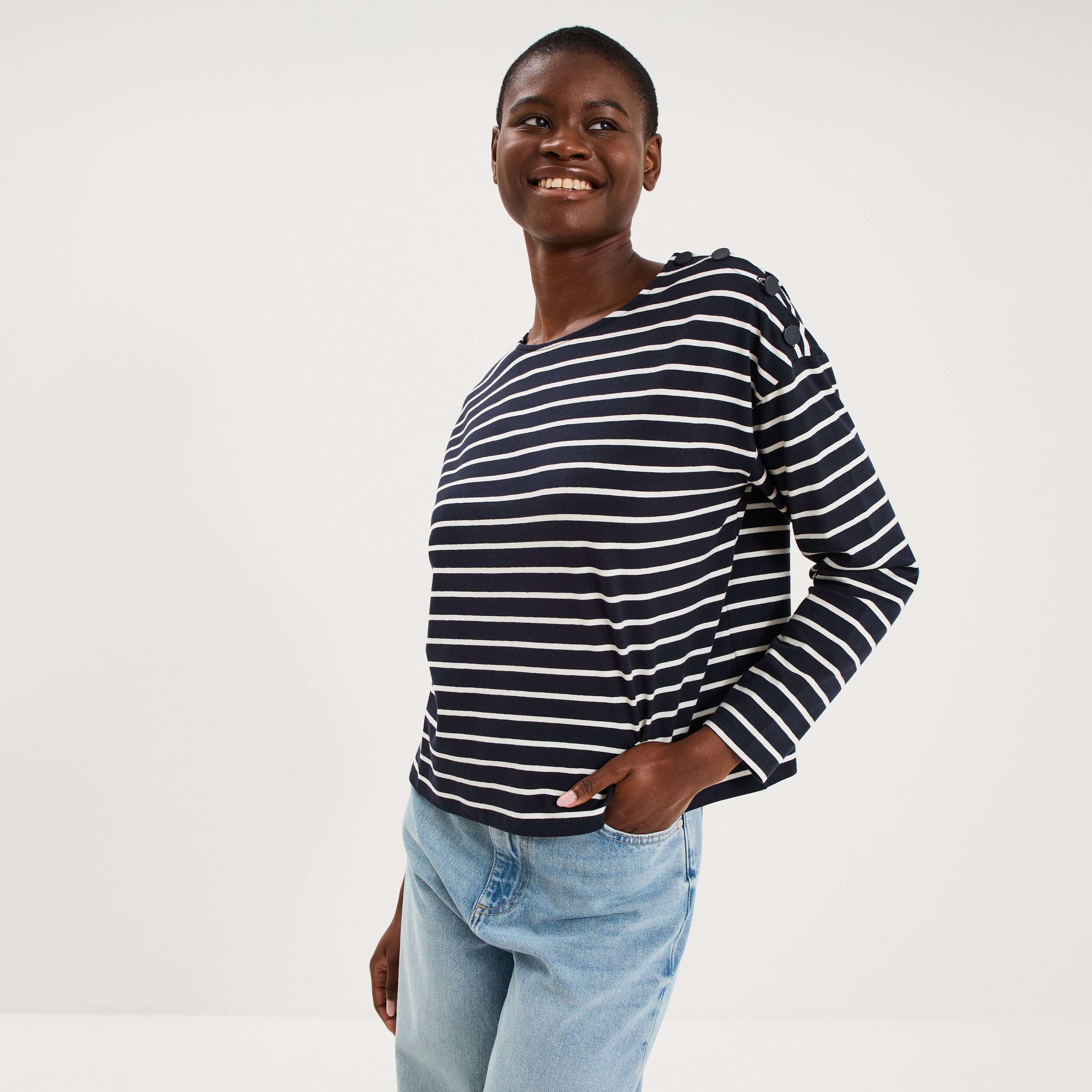 T-shirt marini&egrave;re col rond avec boutons ecru femme