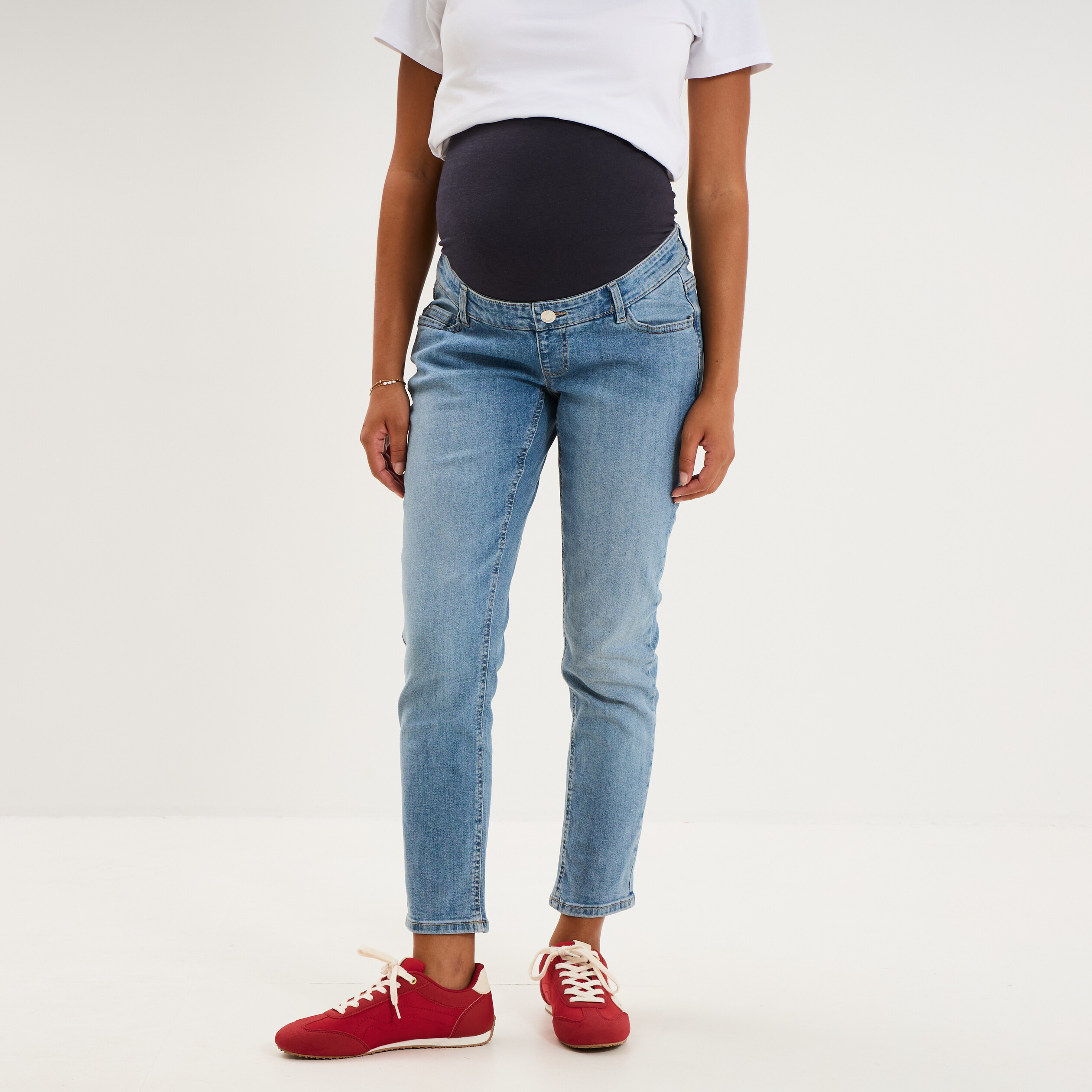 Jeans grossesse slim 7/8&egrave;me avec bandeau denim double stone femme maternit&eacute;