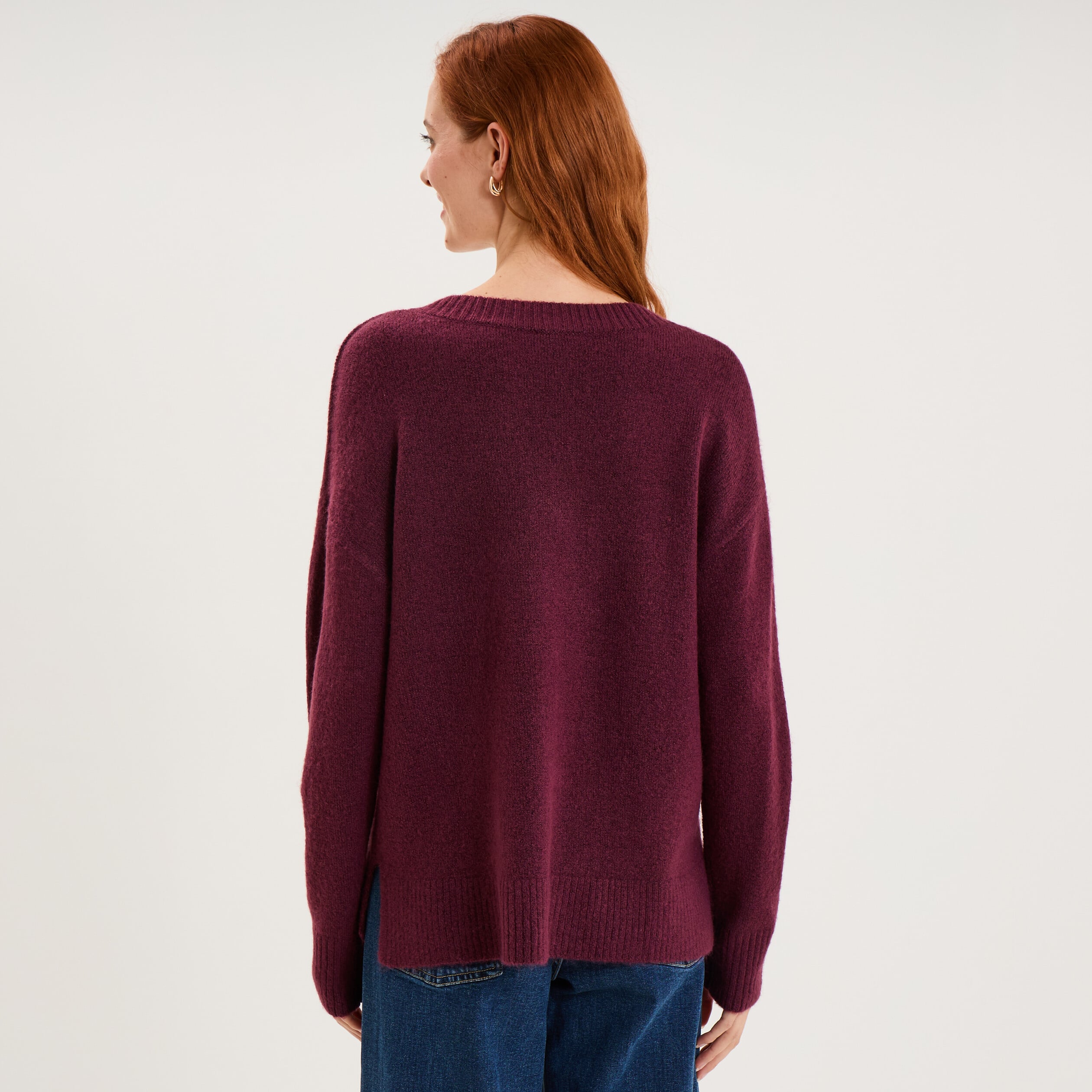 Pull col en V manches longues prune femme