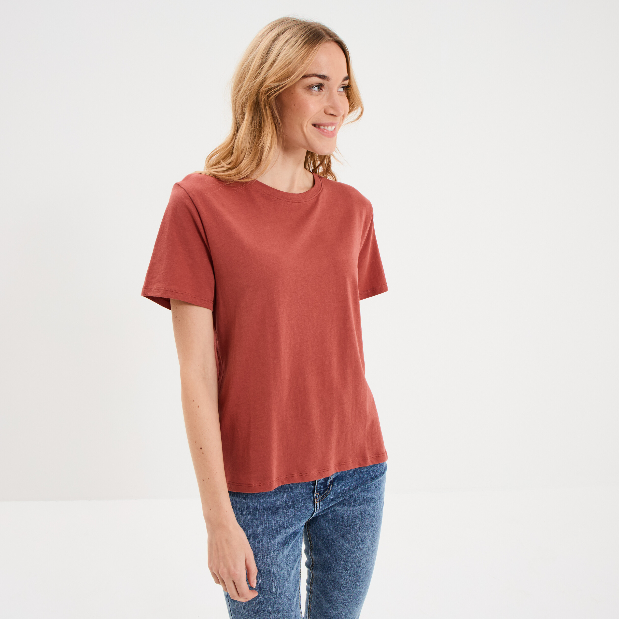 T-shirt col rond manches courtes coton vieux rose femme