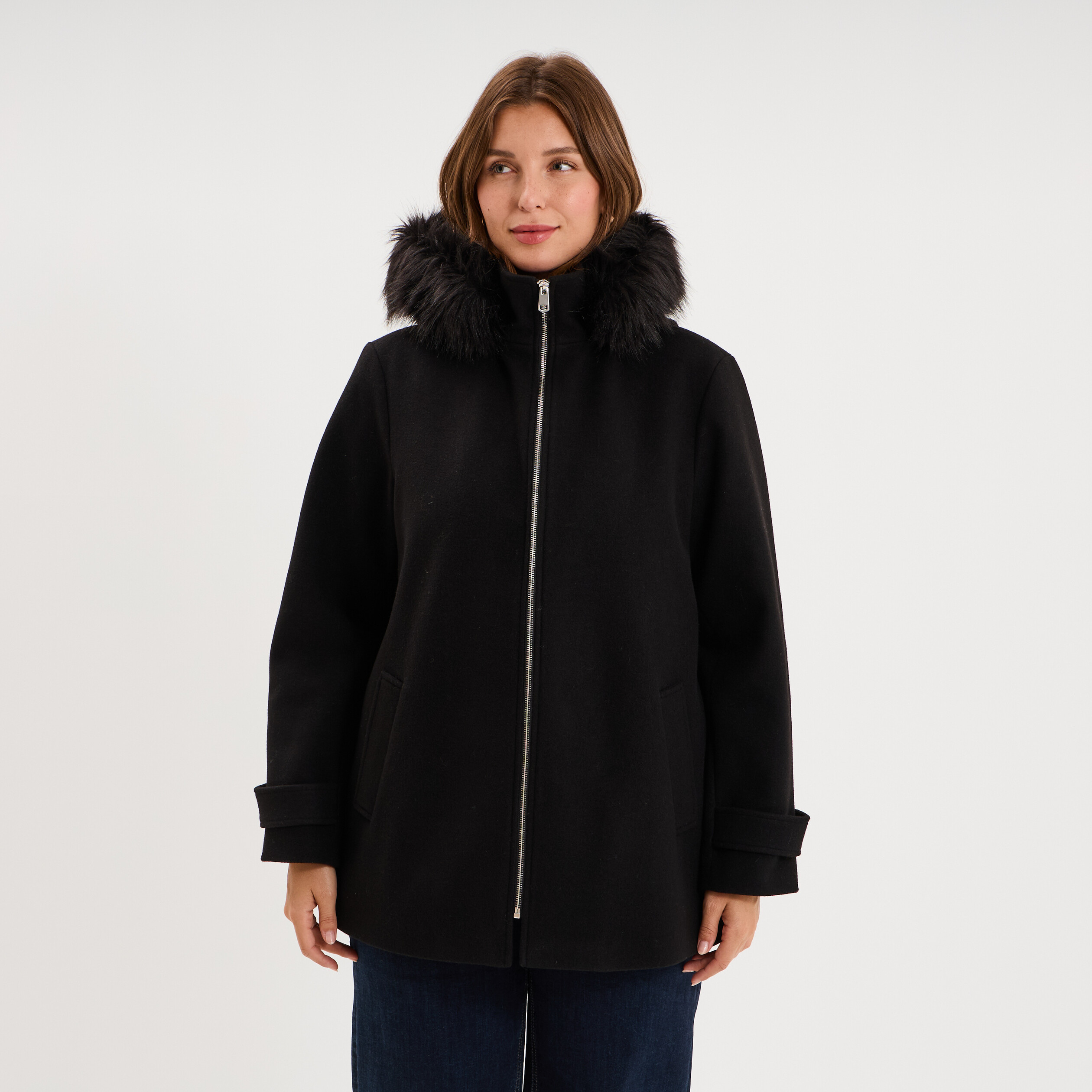 Manteau zipp&eacute; capuche fausse fourrure noir femme grande taille