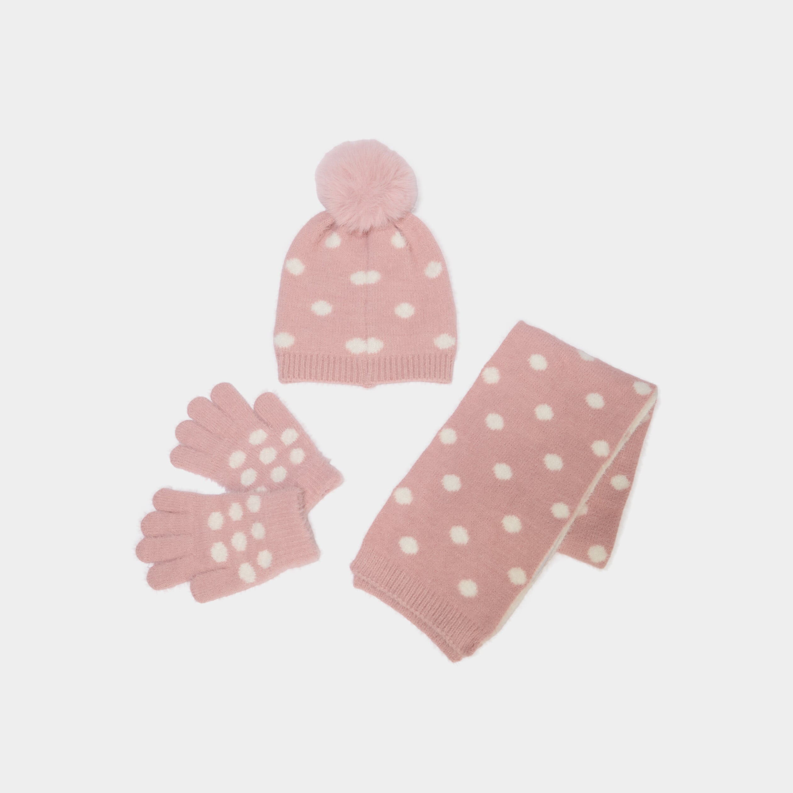 Ensemble &eacute;charpe, bonnet pompon et gants rose fille