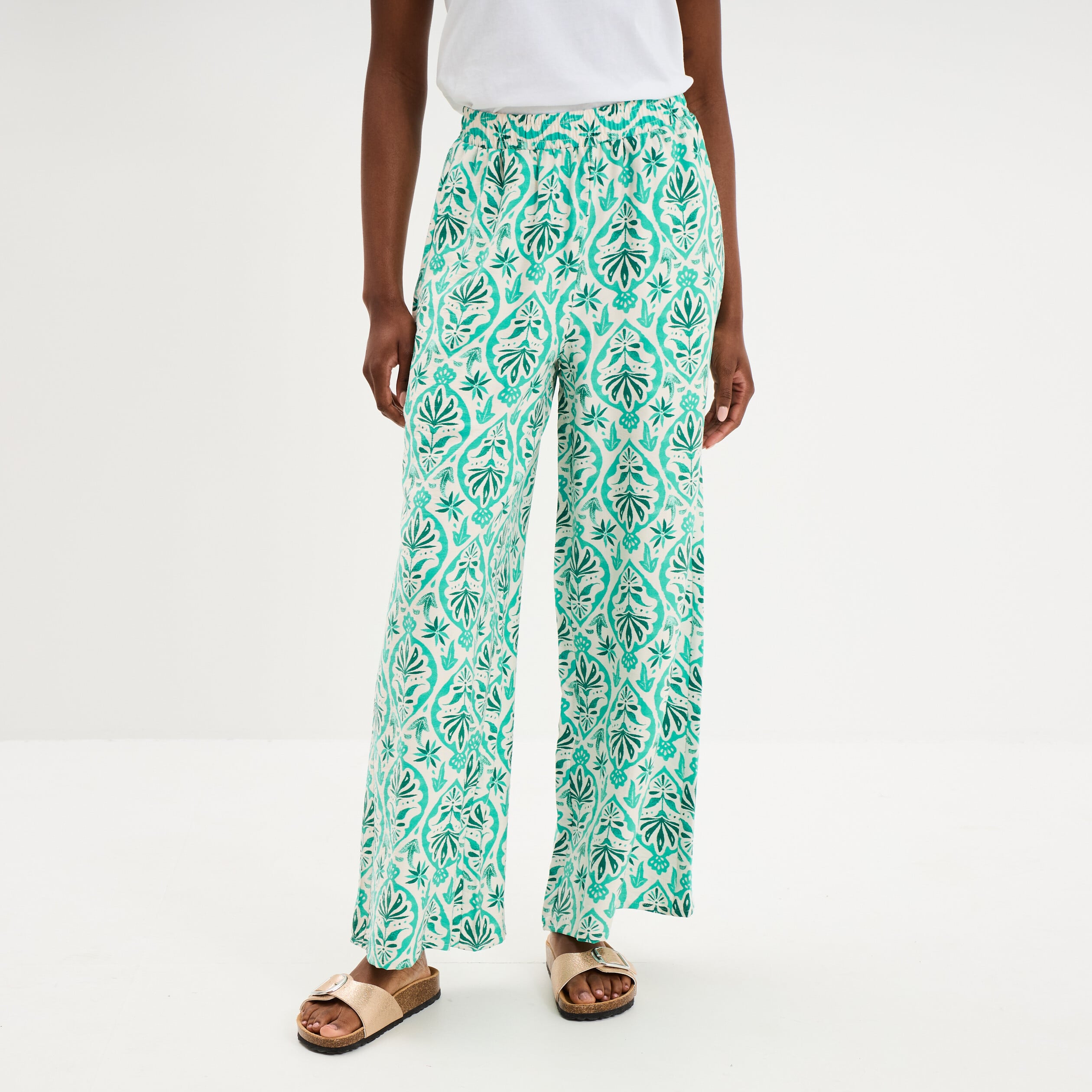 Pantalon large fluide taille &eacute;lastiqu&eacute;e ecru femme