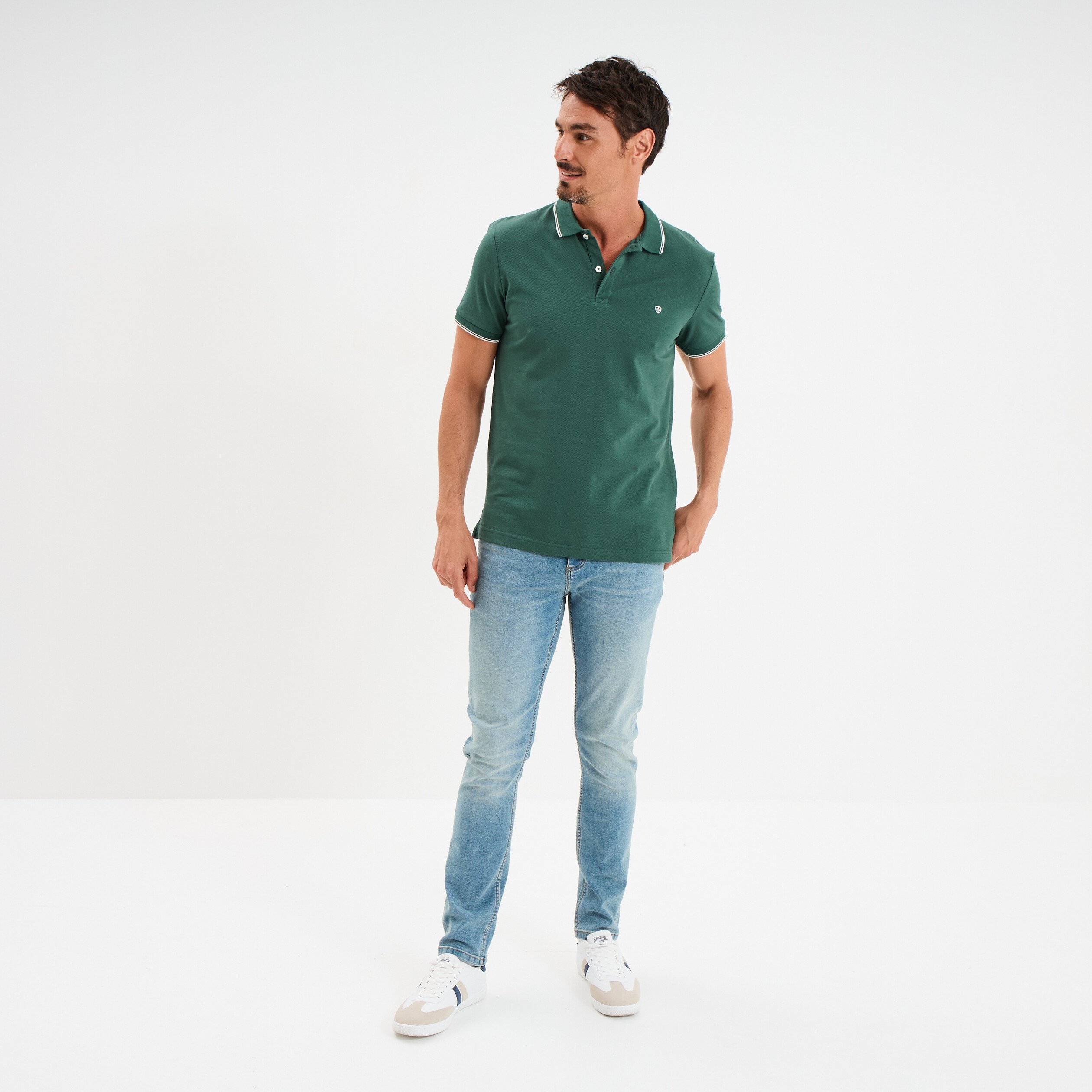 Polo manches courtes bords contrastés vert canard homme