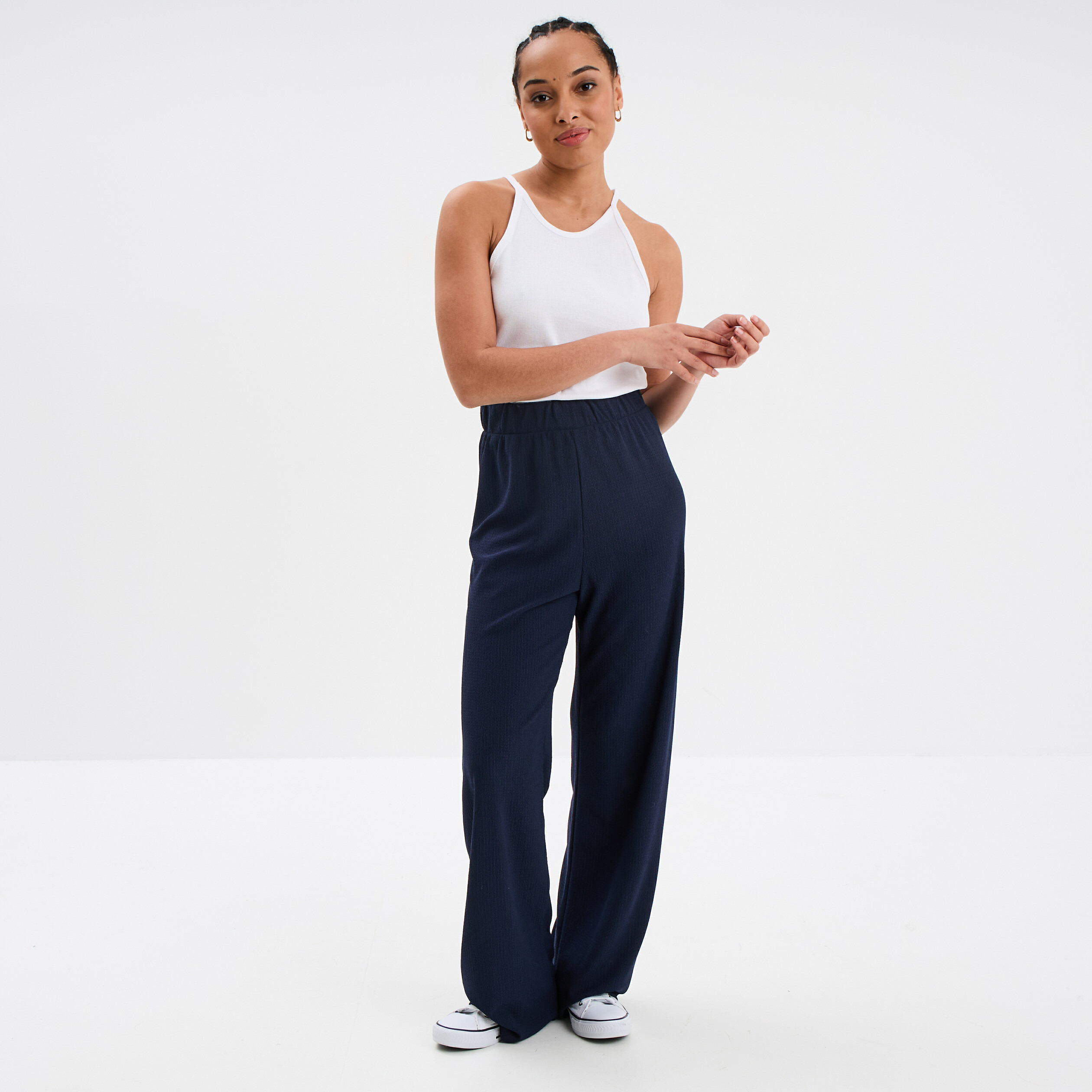 pantalon fluide large taille elastiquee bleu marine femme Pantalon fluide large taille élastiquée bleu marine femme