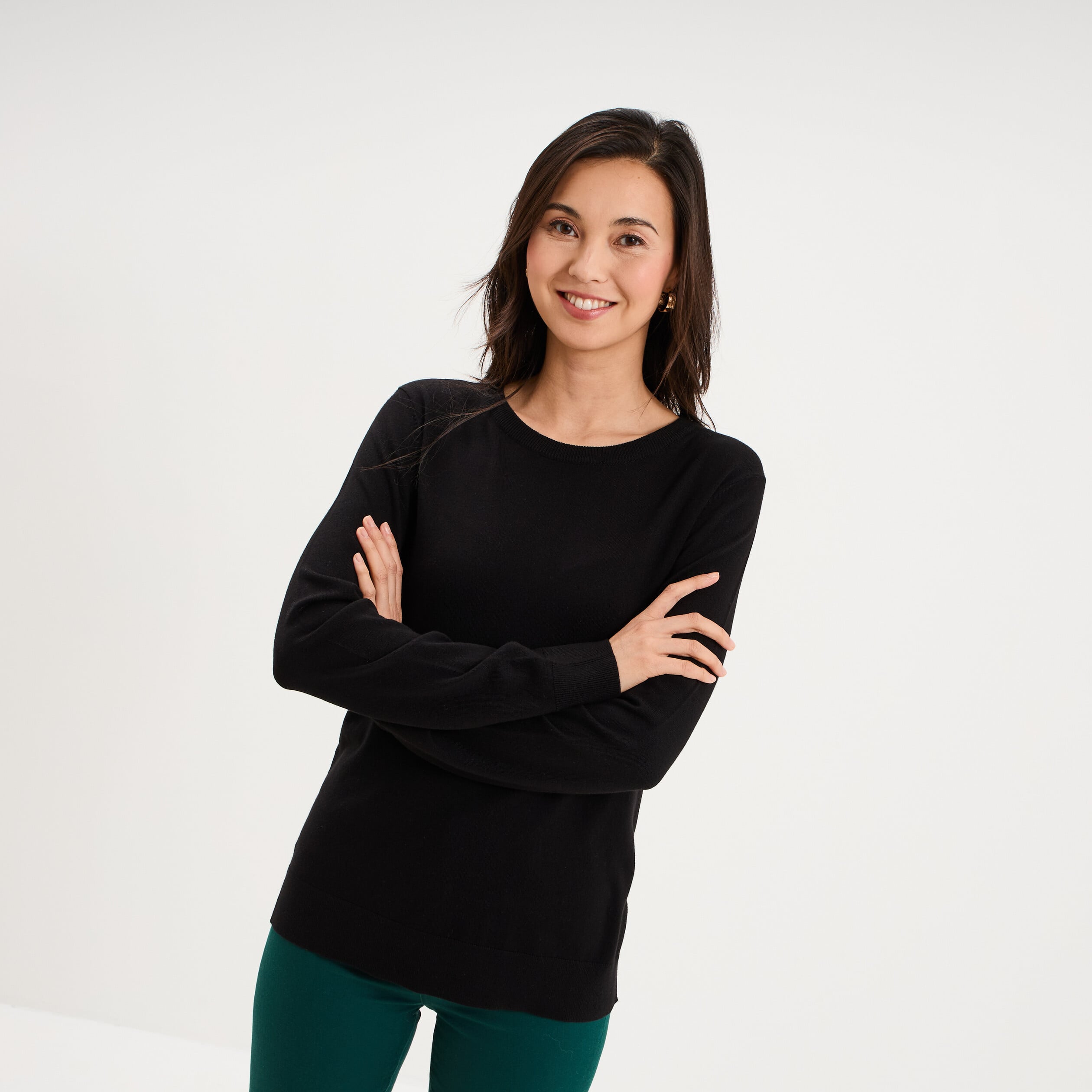 Pull col rond manches longues noir femme