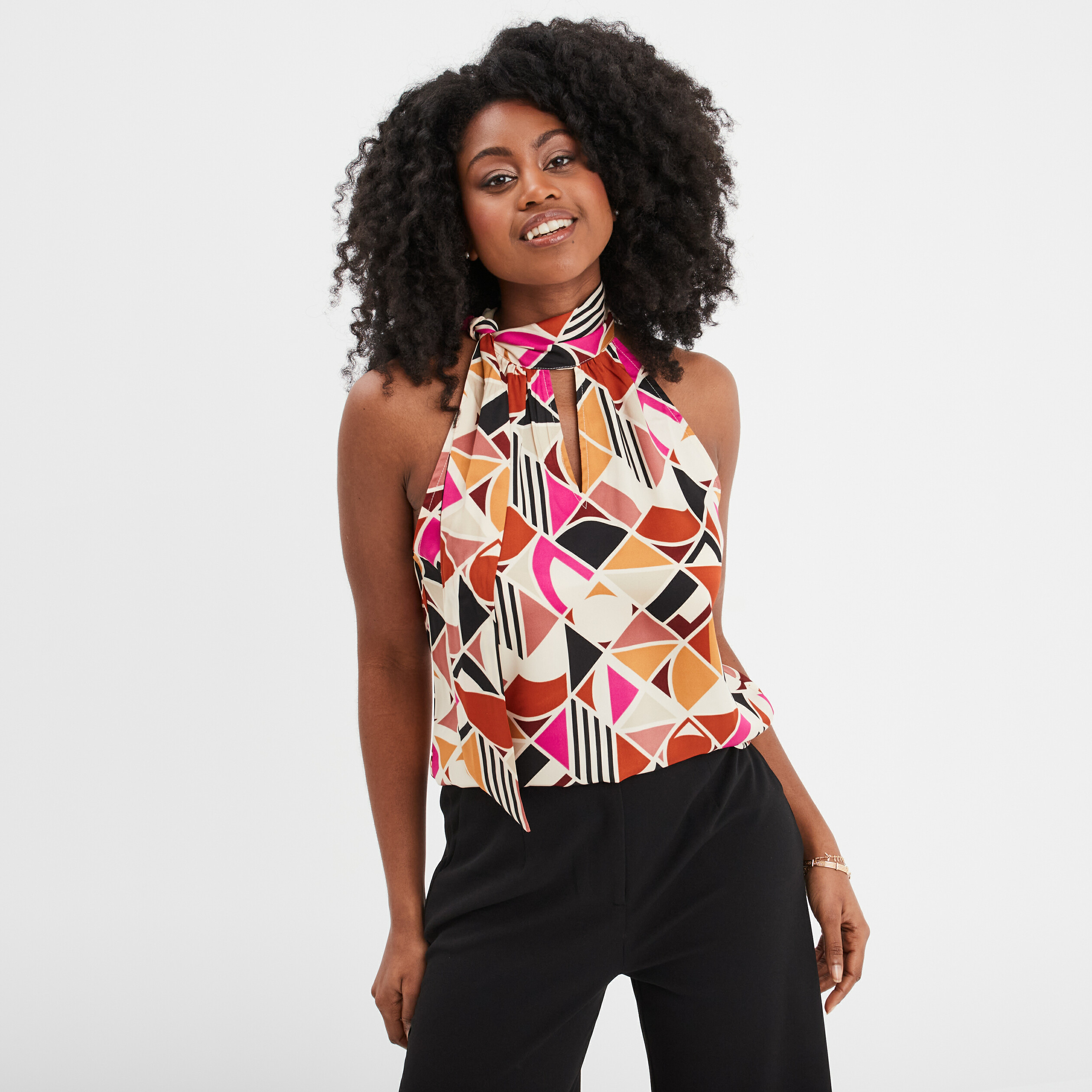 blouse sans manches noeud col multicolore femme Blouse sans manches noeud col multicolore femme