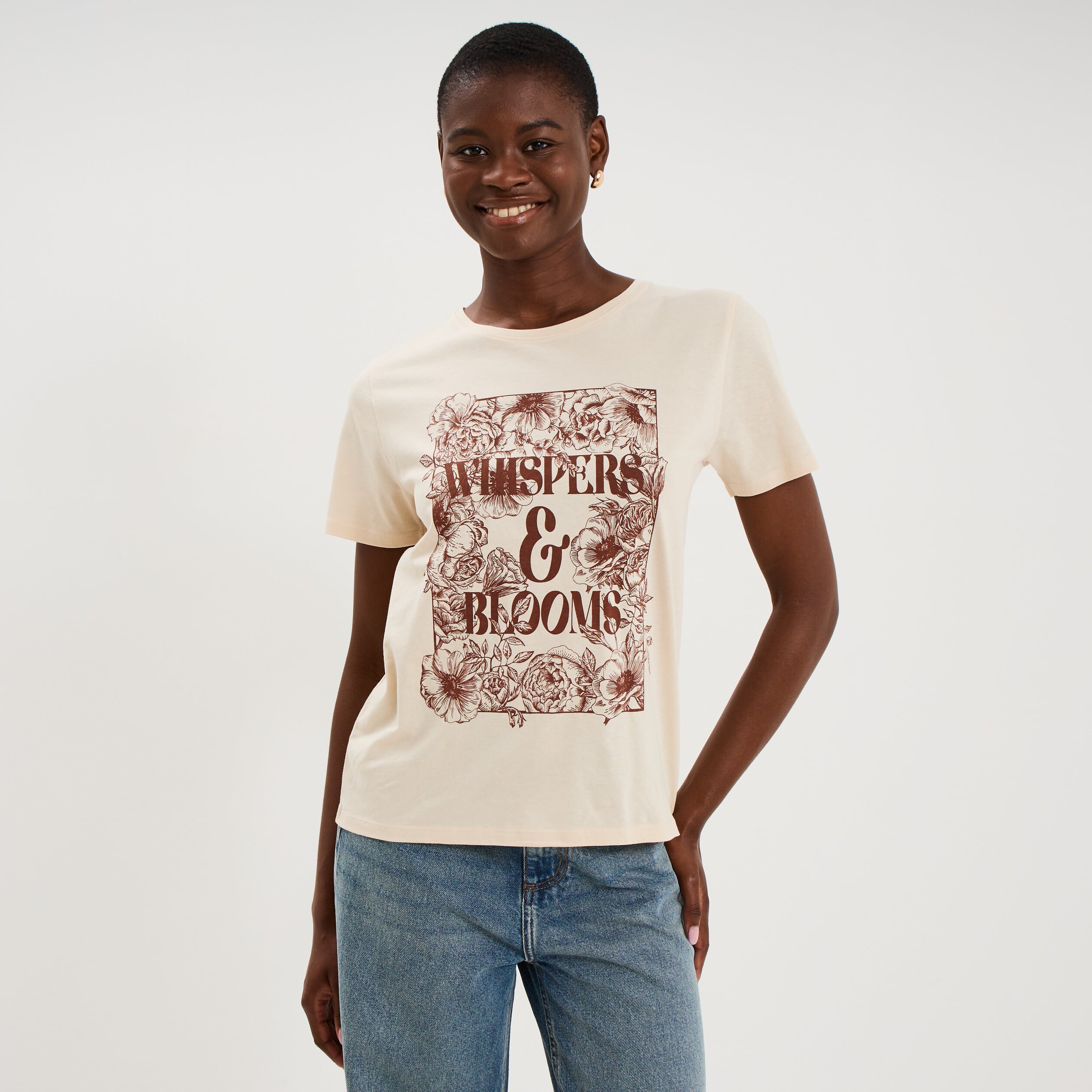 T-shirt ajust&eacute; manches courtes coton ivoire femme