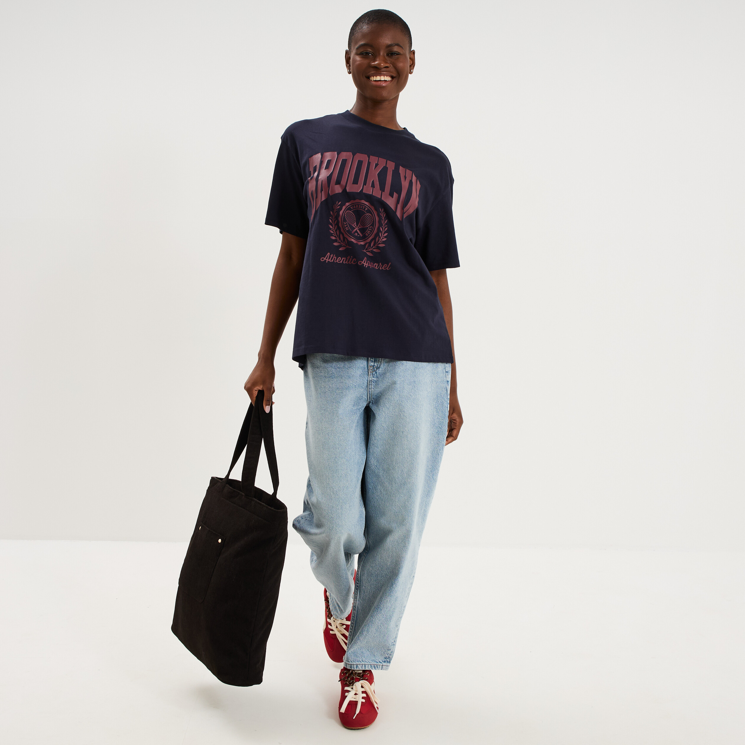 T-shirt oversize manches courtes coton bleu fonc&eacute; femme